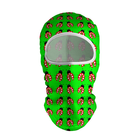 Балаклава 3D с принтом LADYBUG ON A GREEN BACKGROUND в Петрозаводске, 100% полиэстер, ткань с особыми свойствами — Activecool | плотность 150–180 г/м2; хорошо тянется, но при этом сохраняет форму. Закрывает шею, вокруг отверстия для глаз кайма. Единый размер | акварель | жук | зеленый | красный | насекомое | точки | узор | черный
