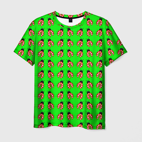 Мужская футболка 3D с принтом LADYBUG ON A GREEN BACKGROUND в Кировске, 100% полиэфир | прямой крой, круглый вырез горловины, длина до линии бедер | акварель | жук | зеленый | красный | насекомое | точки | узор | черный