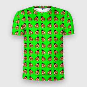Мужская футболка 3D Slim с принтом LADYBUG ON A GREEN BACKGROUND в Петрозаводске, 100% полиэстер с улучшенными характеристиками | приталенный силуэт, круглая горловина, широкие плечи, сужается к линии бедра | акварель | жук | зеленый | красный | насекомое | точки | узор | черный