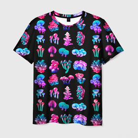 Мужская футболка 3D с принтом NEON MUSHROOMS в Екатеринбурге, 100% полиэфир | прямой крой, круглый вырез горловины, длина до линии бедер | грибы | еда | лес | природа | текстура | цветные