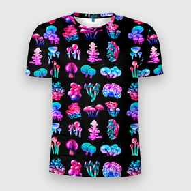Мужская футболка 3D Slim с принтом NEON MUSHROOMS в Белгороде, 100% полиэстер с улучшенными характеристиками | приталенный силуэт, круглая горловина, широкие плечи, сужается к линии бедра | грибы | еда | лес | природа | текстура | цветные
