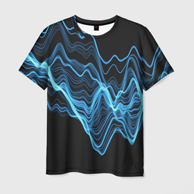 Мужская футболка 3D с принтом Синие волны молнии в Петрозаводске, 100% полиэфир | прямой крой, круглый вырез горловины, длина до линии бедер | абстракция | волна | линия | молния | энергия