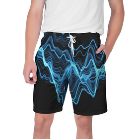 Мужские шорты 3D с принтом Синие волны молнии ,  полиэстер 100% | прямой крой, два кармана без застежек по бокам. Мягкая трикотажная резинка на поясе, внутри которой широкие завязки. Длина чуть выше колен | абстракция | волна | линия | молния | энергия
