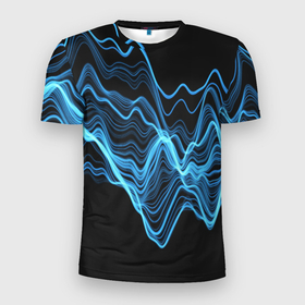 Мужская футболка 3D Slim с принтом Синие волны молнии , 100% полиэстер с улучшенными характеристиками | приталенный силуэт, круглая горловина, широкие плечи, сужается к линии бедра | абстракция | волна | линия | молния | энергия
