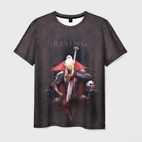 Мужская футболка 3D с принтом Вампир на троне , 100% полиэфир | прямой крой, круглый вырез горловины, длина до линии бедер | v rising | вампир | игра | кровь | логотип | меч | надпись | название | трон