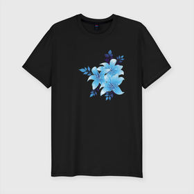Мужская футболка хлопок Slim с принтом Волшебные голубые цветы , 92% хлопок, 8% лайкра | приталенный силуэт, круглый вырез ворота, длина до линии бедра, короткий рукав | букет | волшебство | искры | листок | цветок
