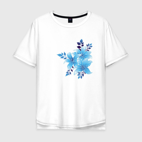 Мужская футболка хлопок Oversize с принтом Волшебные голубые цветы в Петрозаводске, 100% хлопок | свободный крой, круглый ворот, “спинка” длиннее передней части | букет | волшебство | искры | листок | цветок