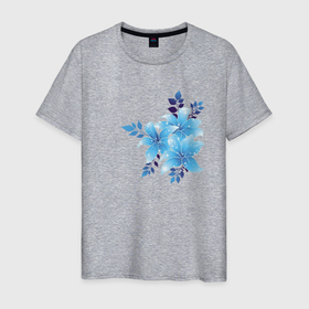 Мужская футболка хлопок с принтом Волшебные голубые цветы в Петрозаводске, 100% хлопок | прямой крой, круглый вырез горловины, длина до линии бедер, слегка спущенное плечо. | букет | волшебство | искры | листок | цветок