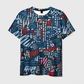 Мужская футболка 3D с принтом Sketch in blue tones в Екатеринбурге, 100% полиэфир | прямой крой, круглый вырез горловины, длина до линии бедер | город | графика | рисунок | синий | скетч