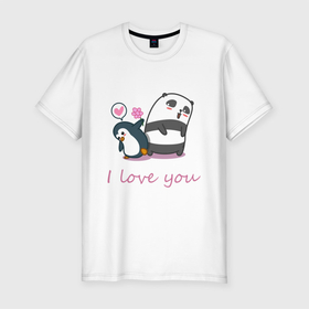 Мужская футболка хлопок Slim с принтом PENGUIN AND PANDA в Петрозаводске, 92% хлопок, 8% лайкра | приталенный силуэт, круглый вырез ворота, длина до линии бедра, короткий рукав | Тематика изображения на принте: панда | пингвин | признание | сердечко | цветок | я люблю тебя