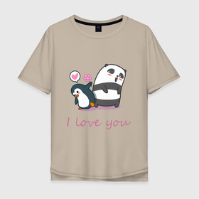 Мужская футболка хлопок Oversize с принтом PENGUIN AND PANDA в Санкт-Петербурге, 100% хлопок | свободный крой, круглый ворот, “спинка” длиннее передней части | панда | пингвин | признание | сердечко | цветок | я люблю тебя