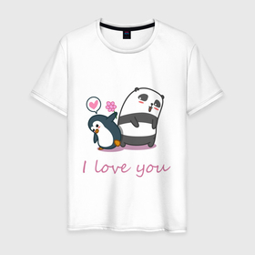 Мужская футболка хлопок с принтом PENGUIN AND PANDA в Белгороде, 100% хлопок | прямой крой, круглый вырез горловины, длина до линии бедер, слегка спущенное плечо. | Тематика изображения на принте: панда | пингвин | признание | сердечко | цветок | я люблю тебя