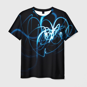 Мужская футболка 3D с принтом Неоновый узор   Голубой в Санкт-Петербурге, 100% полиэфир | прямой крой, круглый вырез горловины, длина до линии бедер | abstraction | art | artwork | colorful | colors | neon | surrealism | абстракция | арт | искусство | линии | лучи | неон | разноцветный | сюрреализм | узор | цвета