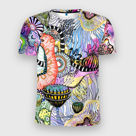 Мужская футболка 3D Slim с принтом Подводный цветочно коралловый мир в Кировске, 100% полиэстер с улучшенными характеристиками | приталенный силуэт, круглая горловина, широкие плечи, сужается к линии бедра | Тематика изображения на принте: абстрактные цветы | акварельные цветы | бесшовный паттерн | бесшовный плательный | коралловый мир | кораллы | необычные цветы | подводный мир | фантазийные цветы | цветочный | цветочный патт