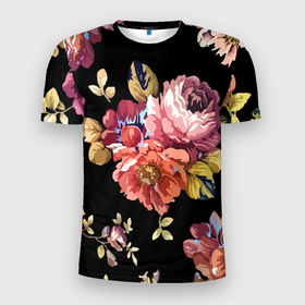Мужская футболка 3D Slim с принтом Розы в летней ночи   Fashion trend в Екатеринбурге, 100% полиэстер с улучшенными характеристиками | приталенный силуэт, круглая горловина, широкие плечи, сужается к линии бедра | bouquet | fashion | flower | leaf | night | rose | букет | лист | мода | ночь | роза | цветок