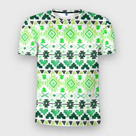 Мужская футболка 3D Slim с принтом Орнамент вышивкой в Тюмени, 100% полиэстер с улучшенными характеристиками | приталенный силуэт, круглая горловина, широкие плечи, сужается к линии бедра | вышивка | зеленый | орнамент | полосы | треугольник | узор