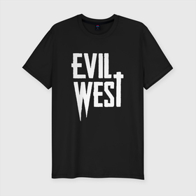 Мужская футболка хлопок Slim с принтом Evil west logo в Белгороде, 92% хлопок, 8% лайкра | приталенный силуэт, круглый вырез ворота, длина до линии бедра, короткий рукав | Тематика изображения на принте: evil west | game | games | witchfire | адский запад | ивел вэст | игра | игры