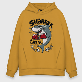 Мужское худи Oversize хлопок с принтом Shark boxing team в Санкт-Петербурге, френч-терри — 70% хлопок, 30% полиэстер. Мягкий теплый начес внутри —100% хлопок | боковые карманы, эластичные манжеты и нижняя кромка, капюшон на магнитной кнопке | boxing gloves | fangs | fin | force | jaw | power | shark | tail | team | teeth | акула | бокс | зубы | клыки | мощь | пасть | перчатки | плавник | сила | хвост