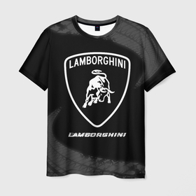 Мужская футболка 3D с принтом Lamborghini Speed на темном фоне со следами шин , 100% полиэфир | прямой крой, круглый вырез горловины, длина до линии бедер | auto | brand | lamborghini | logo | speed | symbol | авто | бренд | ламборгини | лого | символ | следы | шины