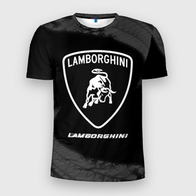 Мужская футболка 3D Slim с принтом Lamborghini Speed на темном фоне со следами шин , 100% полиэстер с улучшенными характеристиками | приталенный силуэт, круглая горловина, широкие плечи, сужается к линии бедра | auto | brand | lamborghini | logo | speed | symbol | авто | бренд | ламборгини | лого | символ | следы | шины