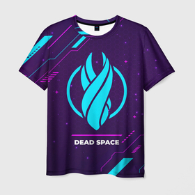 Мужская футболка 3D с принтом Символ Dead Space в неоновых цветах на темном фоне в Екатеринбурге, 100% полиэфир | прямой крой, круглый вырез горловины, длина до линии бедер | Тематика изображения на принте: dead | dead space | logo | neon | space | дед | игра | игры | лого | логотип | неон | символ | спейс