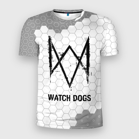 Мужская футболка 3D Slim с принтом Watch Dogs Glitch на темном фоне (FS) в Екатеринбурге, 100% полиэстер с улучшенными характеристиками | приталенный силуэт, круглая горловина, широкие плечи, сужается к линии бедра | dogs | glitch | logo | watch | watch dogs | вотч | догс | игра | игры | лого | логотип | символ | соты