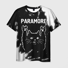 Мужская футболка 3D с принтом Группа Paramore и Рок Кот в Санкт-Петербурге, 100% полиэфир | прямой крой, круглый вырез горловины, длина до линии бедер | band | metal | paint | paramore | rock | брызги | группа | кот | краска | параморе | рок | рок кот