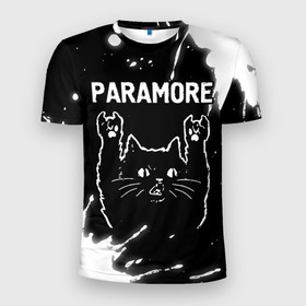 Мужская футболка 3D Slim с принтом Группа Paramore и Рок Кот в Санкт-Петербурге, 100% полиэстер с улучшенными характеристиками | приталенный силуэт, круглая горловина, широкие плечи, сужается к линии бедра | band | metal | paint | paramore | rock | брызги | группа | кот | краска | параморе | рок | рок кот