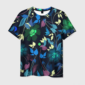 Мужская футболка 3D с принтом Color summer night   Floral pattern в Кировске, 100% полиэфир | прямой крой, круглый вырез горловины, длина до линии бедер | color | fashion | flowers | night | pattern | summer | мода | ночь | узор | цвет | цветы