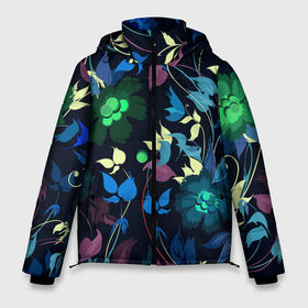 Мужская зимняя куртка 3D с принтом Color summer night   Floral pattern в Новосибирске, верх — 100% полиэстер; подкладка — 100% полиэстер; утеплитель — 100% полиэстер | длина ниже бедра, свободный силуэт Оверсайз. Есть воротник-стойка, отстегивающийся капюшон и ветрозащитная планка. 

Боковые карманы с листочкой на кнопках и внутренний карман на молнии. | Тематика изображения на принте: color | fashion | flowers | night | pattern | summer | мода | ночь | узор | цвет | цветы
