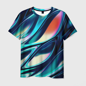 Мужская футболка 3D с принтом Abstract Wave в Новосибирске, 100% полиэфир | прямой крой, круглый вырез горловины, длина до линии бедер | абстракция | волны | жидкость | краска | красочная | линии | разноцветная | смешение цветов | яркая