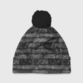 Шапка 3D c помпоном с принтом Стена из черного кирпича Лофт в Тюмени, 100% полиэстер | универсальный размер, печать по всей поверхности изделия | black | loft | геометрический узор | каменный | кирпичный | лофт | текстура камня | черный
