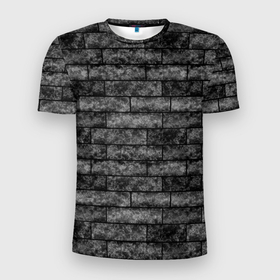 Мужская футболка 3D Slim с принтом Стена из черного кирпича Лофт в Кировске, 100% полиэстер с улучшенными характеристиками | приталенный силуэт, круглая горловина, широкие плечи, сужается к линии бедра | black | loft | геометрический узор | каменный | кирпичный | лофт | текстура камня | черный