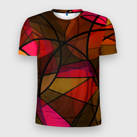 Мужская футболка 3D Slim с принтом Абстрактный узор в оранжево красных тонах в Белгороде, 100% полиэстер с улучшенными характеристиками | приталенный силуэт, круглая горловина, широкие плечи, сужается к линии бедра | abstraction | brown | абстрактный узор | коричневый | красный | круги | оранжевый