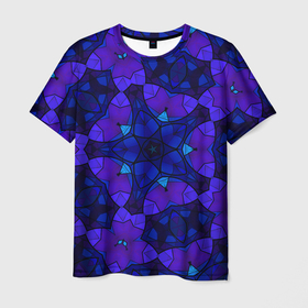 Мужская футболка 3D с принтом Калейдоскоп  геометрический сине фиолетовый узор в Петрозаводске, 100% полиэфир | прямой крой, круглый вырез горловины, длина до линии бедер | Тематика изображения на принте: blue | geometric pattern | геометрический узор | неоновый | синий | фиолетовый