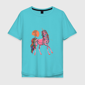 Мужская футболка хлопок Oversize с принтом UNICORN HORSE в Белгороде, 100% хлопок | свободный крой, круглый ворот, “спинка” длиннее передней части | Тематика изображения на принте: волшебный | животное | забавный | звезды | красочный | лошадь | миф | радуга | рог | розовый | фантазия | цветной