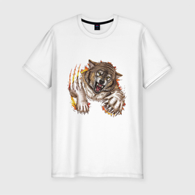 Мужская футболка хлопок Slim с принтом WOLFS LEAP в Новосибирске, 92% хлопок, 8% лайкра | приталенный силуэт, круглый вырез ворота, длина до линии бедра, короткий рукав | Тематика изображения на принте: животное | природа | прыжок | серый | характер | хищник | цветной