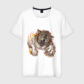 Мужская футболка хлопок с принтом WOLFS LEAP в Новосибирске, 100% хлопок | прямой крой, круглый вырез горловины, длина до линии бедер, слегка спущенное плечо. | Тематика изображения на принте: животное | природа | прыжок | серый | характер | хищник | цветной