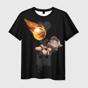 Мужская футболка 3D с принтом Горящий мяч и падающий робот , 100% полиэфир | прямой крой, круглый вырез горловины, длина до линии бедер | ldr | pop art | robots