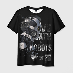 Мужская футболка 3D с принтом Робот с белой надписью в Петрозаводске, 100% полиэфир | прямой крой, круглый вырез горловины, длина до линии бедер | ldr | pop art | robots