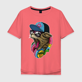 Мужская футболка хлопок Oversize с принтом Cat Swag в Новосибирске, 100% хлопок | свободный крой, круглый ворот, “спинка” длиннее передней части | cap | cat | headphones | piercing | scream | tongue | кепка | кот | кошка | крик | кричит | наушники | очки | пирсинг | язык