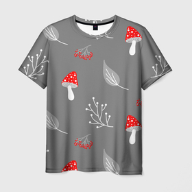 Мужская футболка 3D с принтом Грибочки на сером фоне, паттерн в Курске, 100% полиэфир | прямой крой, круглый вырез горловины, длина до линии бедер | berries | berry | cottagecore | forest | gray | mushroom | red | white | белый | бесшовный | ветки | веточки | грибочки | грибы | детский | красный | лес | лето | листики | листья | милый | минималистичный | мухоморы | осень | паттерн