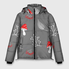 Мужская зимняя куртка 3D с принтом Грибочки на сером фоне, паттерн в Новосибирске, верх — 100% полиэстер; подкладка — 100% полиэстер; утеплитель — 100% полиэстер | длина ниже бедра, свободный силуэт Оверсайз. Есть воротник-стойка, отстегивающийся капюшон и ветрозащитная планка. 

Боковые карманы с листочкой на кнопках и внутренний карман на молнии. | Тематика изображения на принте: berries | berry | cottagecore | forest | gray | mushroom | red | white | белый | бесшовный | ветки | веточки | грибочки | грибы | детский | красный | лес | лето | листики | листья | милый | минималистичный | мухоморы | осень | паттерн