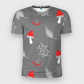 Мужская футболка 3D Slim с принтом Грибочки на сером фоне, паттерн в Тюмени, 100% полиэстер с улучшенными характеристиками | приталенный силуэт, круглая горловина, широкие плечи, сужается к линии бедра | berries | berry | cottagecore | forest | gray | mushroom | red | white | белый | бесшовный | ветки | веточки | грибочки | грибы | детский | красный | лес | лето | листики | листья | милый | минималистичный | мухоморы | осень | паттерн