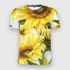 Мужская футболка 3D Slim с принтом Сезон подсолнухов , 100% полиэстер с улучшенными характеристиками | приталенный силуэт, круглая горловина, широкие плечи, сужается к линии бедра | Тематика изображения на принте: желтый цветок | лето | подсолнух | поле | семечки | солнышко | цветы