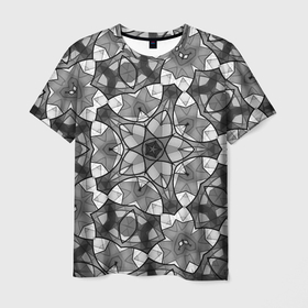 Мужская футболка 3D с принтом Черно белый геометрический мозаичный узор в Кировске, 100% полиэфир | прямой крой, круглый вырез горловины, длина до линии бедер | Тематика изображения на принте: geometric   pattern | mosaic | геометрический узор | мозаика | серый | черно белый