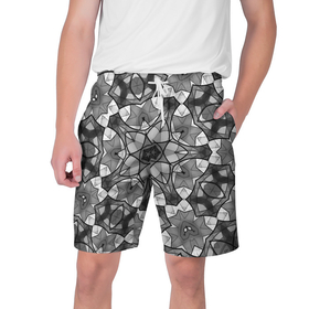 Мужские шорты 3D с принтом Черно белый геометрический мозаичный узор в Новосибирске,  полиэстер 100% | прямой крой, два кармана без застежек по бокам. Мягкая трикотажная резинка на поясе, внутри которой широкие завязки. Длина чуть выше колен | geometric   pattern | mosaic | геометрический узор | мозаика | серый | черно белый
