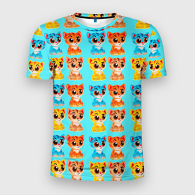 Мужская футболка 3D Slim с принтом COLORED KITTENS в Санкт-Петербурге, 100% полиэстер с улучшенными характеристиками | приталенный силуэт, круглая горловина, широкие плечи, сужается к линии бедра | животное | котенок | маленькие | милый | пушистые | разноцветные | цветной