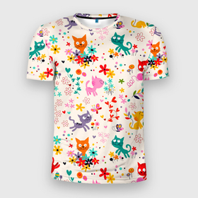 Мужская футболка 3D Slim с принтом COLORFUL FUNNY KITTENS в Белгороде, 100% полиэстер с улучшенными характеристиками | приталенный силуэт, круглая горловина, широкие плечи, сужается к линии бедра | животное | забавный | котенок | маленькие | милый | пушистые | цветной