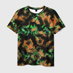 Мужская футболка 3D с принтом Зелено оранжевый осенний абстрактный узор в Курске, 100% полиэфир | прямой крой, круглый вырез горловины, длина до линии бедер | абстрактный | зеленый | камуфляж | оранжнвый | разноцветный